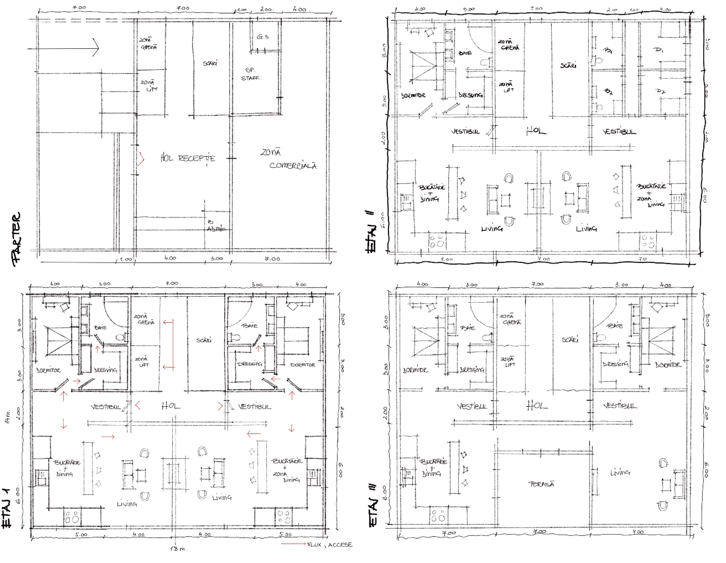 Hand-drawn floor plans